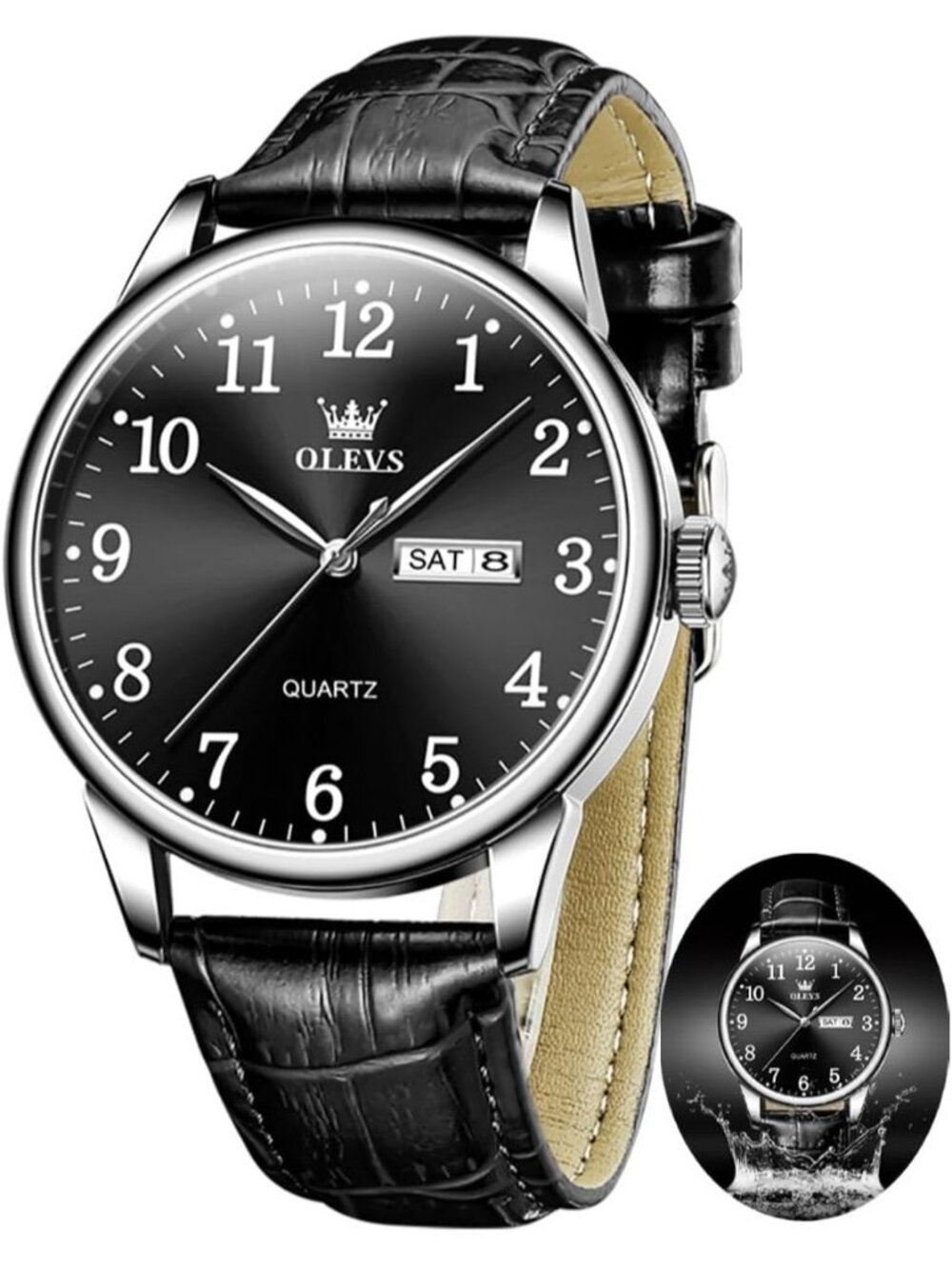 OLEVS Men's Black Leather Watch Easy Read Large Face Calendar Quartz Style